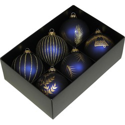 Othmar Decorations kerstballen - gedecoreerd - 6x - 8 cm - donkerblauw - Kerstbal