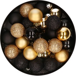 Kleine kerstballen - 28x st - zwart/goud - D3 cm - kunststof - Kerstbal