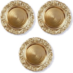 3x Ronde gouden onderzet borden/kaarsonderzetters met decoratieve rand 33 cm - Kaarsenplateaus