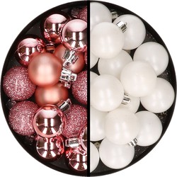 36x stuks kunststof kerstballen roze en wit 3 en 4 cm - Kerstbal