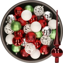 37x stuks kunststof kerstballen 6 cm incl. glazen piek wit-rood-zilver-groen - Kerstbal