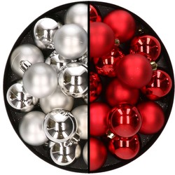 32x stuks kunststof kerstballen mix van zilver en rood 4 cm - Kerstbal