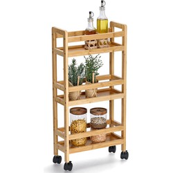 Zeller Keuken Trolley - met 3 niveaus - bruin - bamboe hout - 36 x 15 x 74 cm - 4 zwenkwielen - Opberg trolley