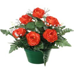 Louis Maes Kunstbloemen plantje in pot - rood - 25 cm - Bloemstuk ornament - rozen met bladgroen - Kunstbloemen