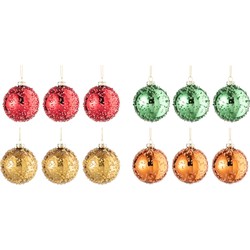 J-line - Doos Van 12 Kerstballen 3+3+3+3 Pareltjes Glas Goud/rood/oranje/groen Small - 9x9x10.5cm