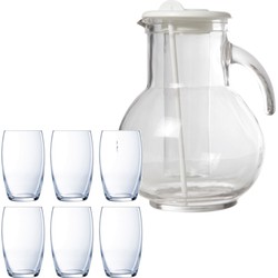 Cosy & Trendy schenkkan/waterkan van glas 2.0 liter met 6x waterglazen van 375 ml - Drinkglazen