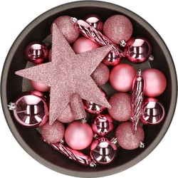 Decoris Kerstballen met piek - 33st - kunststof - mix roze - 5-6-8 cm - Kerstbal