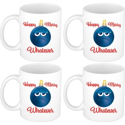 Set van 4x stuks kerstcadeau mokken / bekers Merry Happy whatever chagrijnige blauwe kerstbal 300 ml - Bekers