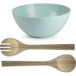 Salade/fruit serveer schaal - mintgroen - kunststof - Dia 25 cm - incl. bamboe Sla couvert/bestek - Serveerschalen