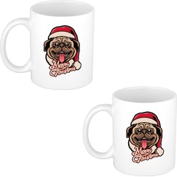 2x stuks Merry Christmas hond kerstmok / kerstbeker wit 300 ml - Bekers