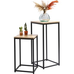 Urban Living Bijzettafel/plantenstandaard set - 2-delig - zwart/bruin - metaal/hout - D30 x H54 cm en D34 x H74 cm - Bijzettafels