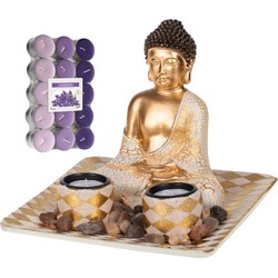 Boeddha beeld voor binnen 21 cm met 30x geurkaarsen lavendel - Beeldjes