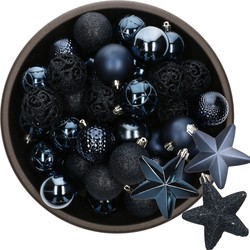 43x stuks kunststof kerstballen en sterren ornamenten donkerblauw - Kerstbal