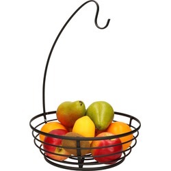 Metalen fruitmand/fruitschaal met bananenhouder zwart rond 28 x 40 cm - Fruitschalen