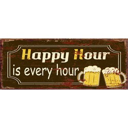 Clayre & Eef Tekstbord  50x20 cm Bruin Geel Ijzer Rechthoek Happy Hour is every hour Wandbord