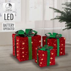 Deco kerstcadeaus set van 3 met LED's groen/rood met strikken en timer