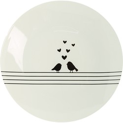 Clayre & Eef Dinerbord  Ø 26 cm Wit Zwart Porselein Rond Harten Vogels Eetbord