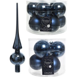 Glazen kerstballen pakket donkerblauw glans/mat 32x stuks inclusief piek glans - Kerstbal