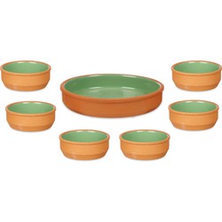 Set 7x tapas/creme brulee schaaltjes - terra/groen - 6x 12 cm/1x 23 cm - Snack en tapasschalen