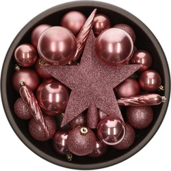 Set van 33x stuks kunststof kerstballen met ster piek oudroze (velvet pink) mix - Kerstbal