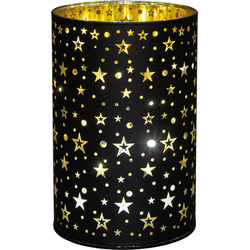 Cylinder glas gouden binnenkant met sterren 8led warm wit op batterij met timer d10h15 cm zwart/goud