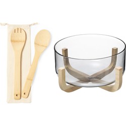 Secret de Gourmet Slakom/schaal met slacouvert - Glas/hout - D24 cm - Saladeschalen