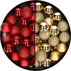 Kleine kunststof kerstversiering 40x stuks set en 3 cm kerstballen in het goud en rood - Kerstbal