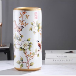 Fine Asianliving Ceramic Umbrella Stand Vase White Birds Handmade -