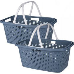 Wasmand met hengsel - 2x - 38 liter - 60 cm - blauw/wit - Draagwasmand - Wasmanden