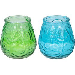 Arti Casa 4x stuks citronella Lowboy tafelkaarsen - 10 cm - blauw en groen glas - geurkaarsen