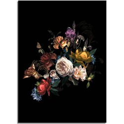 Vintage boeket bloemen poster - Bloemstillevens - Zwart + kleuren  - A4 poster (21x29,7cm)