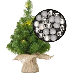 Mini kerstboom/kunstboom met verlichting 45 cm en inclusief kerstballen zilver - Kunstkerstboom