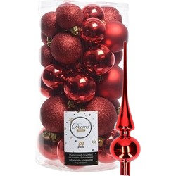 Decoris kerstballen 30x stuks - rood 4/5/6 cm kunststof mat/glans/glitter mix en piek - Kerstbal