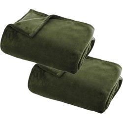 2x Stuks Fleece deken/fleeceplaid olijf groen 125 x 150 cm polyester - Plaids