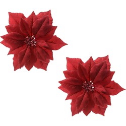 2x stuks decoratie bloemen kerstster rood glitter op clip 24 cm - Kunstbloemen