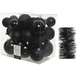 Kerstversiering kunststof kerstballen 6-8-10 cm met folieslingers pakket zwart van 28x stuks - Kerstbal