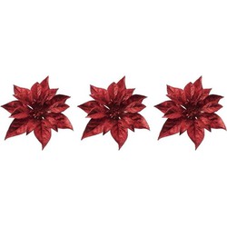 3x Kerstversieringen kerststerren bloemen rood op clip - Kersthangers