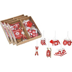 18x stuks houten kersthangers rood/wit wintersport thema kerstboomversiering - Kersthangers