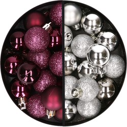 34x stuks kunststof kerstballen aubergine paars en zilver 3 cm - Kerstbal