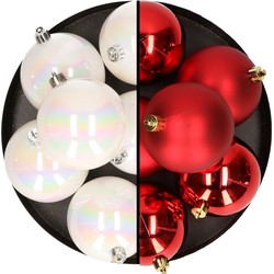 12x stuks kunststof kerstballen 8 cm mix van parelmoer wit en rood - Kerstbal