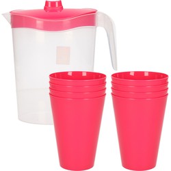 8x kunststof drinkbekers 430 ML met schenkkan set roze van 2.5 liter - Schenkkannen