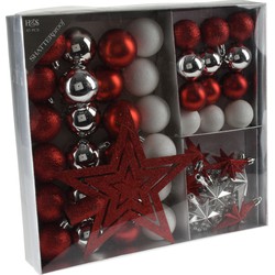 Set 44-delig kunststof kerstboomversiering rood/wit/zilver met kerstballen, slingers en piek - Kerstbal