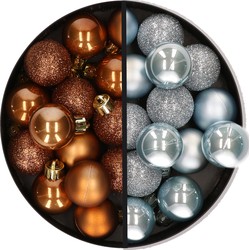 28x stuks kleine kunststof kerstballen lichtblauw en bruin 3 cm - Kerstbal