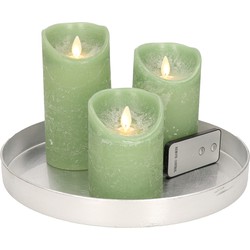 Ronde kaarsenplateau zilver van kunststof D27 cm met 3 jade groene LED-kaarsen 10/12,5/15 cm - Kaarsenplateaus