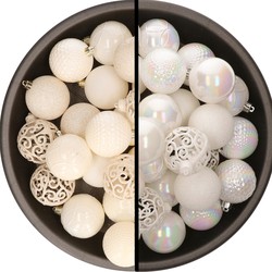 Kerstballen - 74x stuks - wol wit en parelmoer - 6 cm - kunststof - Kerstbal