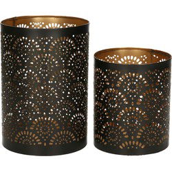 Windlicht - motief - 2x - zwart/goud - 10/15 cm - theelichthouder - Waxinelichtjeshouders