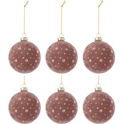 J-line - Doos Van 6 Kerstbal Stippen Fluweel Licht Roze/goud - 8x8x8cm