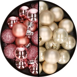 36x stuks kunststof kerstballen roze en champagne 3 en 4 cm - Kerstbal