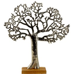 Decoratie levensboom - Tree of Life - aluminium/hout - 31 x 34 cm - zilver kleurig - Beeldjes