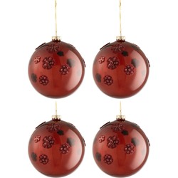 J-line - Doos Van 4 Kerstballen Bloemen Glas Burgundy Large - 12x12x12cm